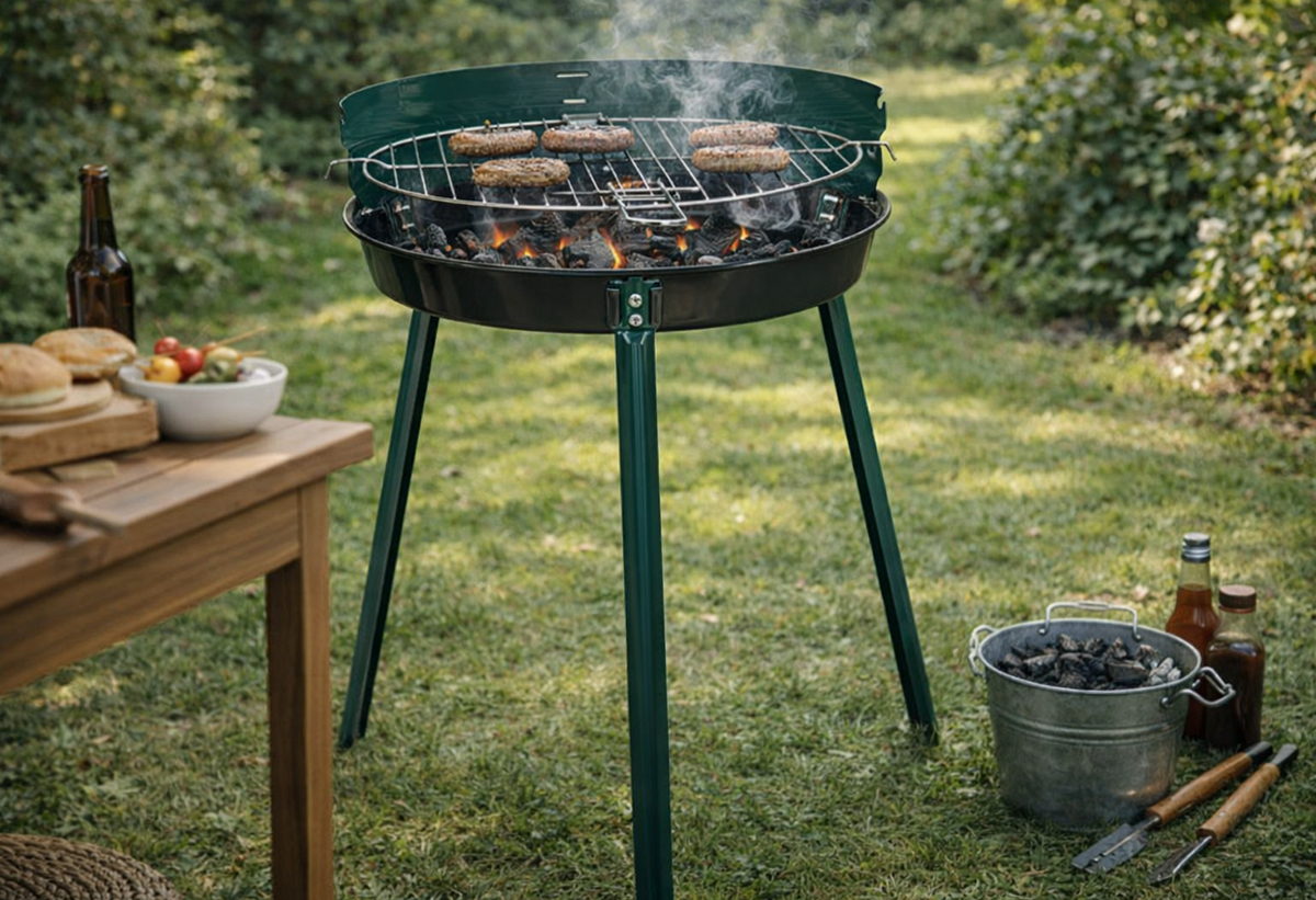 Απεικονίζεται η ψησταριά τοποθετημένη σε έναν κήπο.